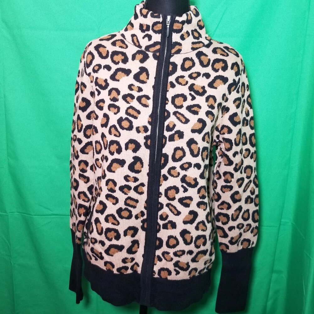 Rachel Zoe Leopard Print‎ Zip Up Cardigan Sweater Womens Medium Retro Office